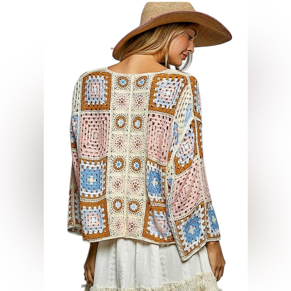 POL Pink, Ivory, Brown Crochet Granny Square Open Knit Cardigan.